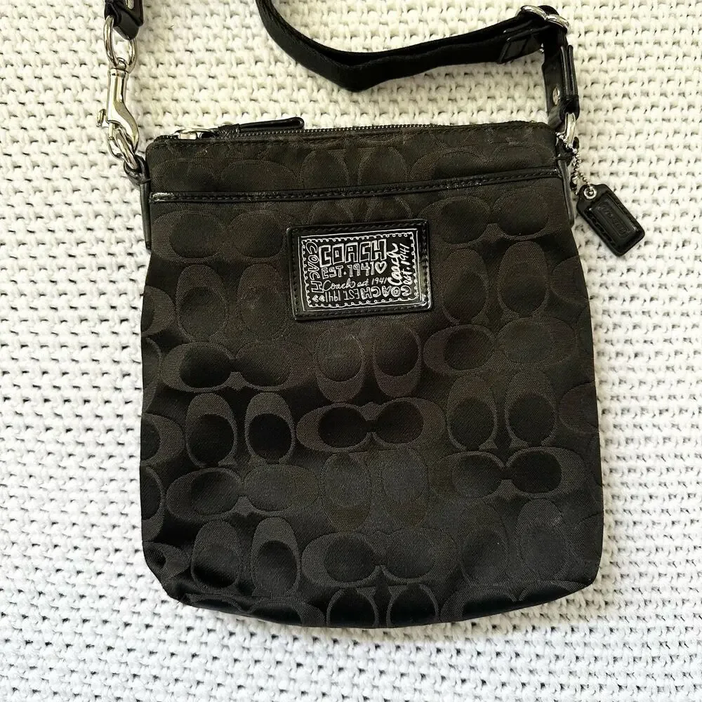 Coach Black Canvas Signature Poppy Patent Patch Small Slim Crossbody Bag